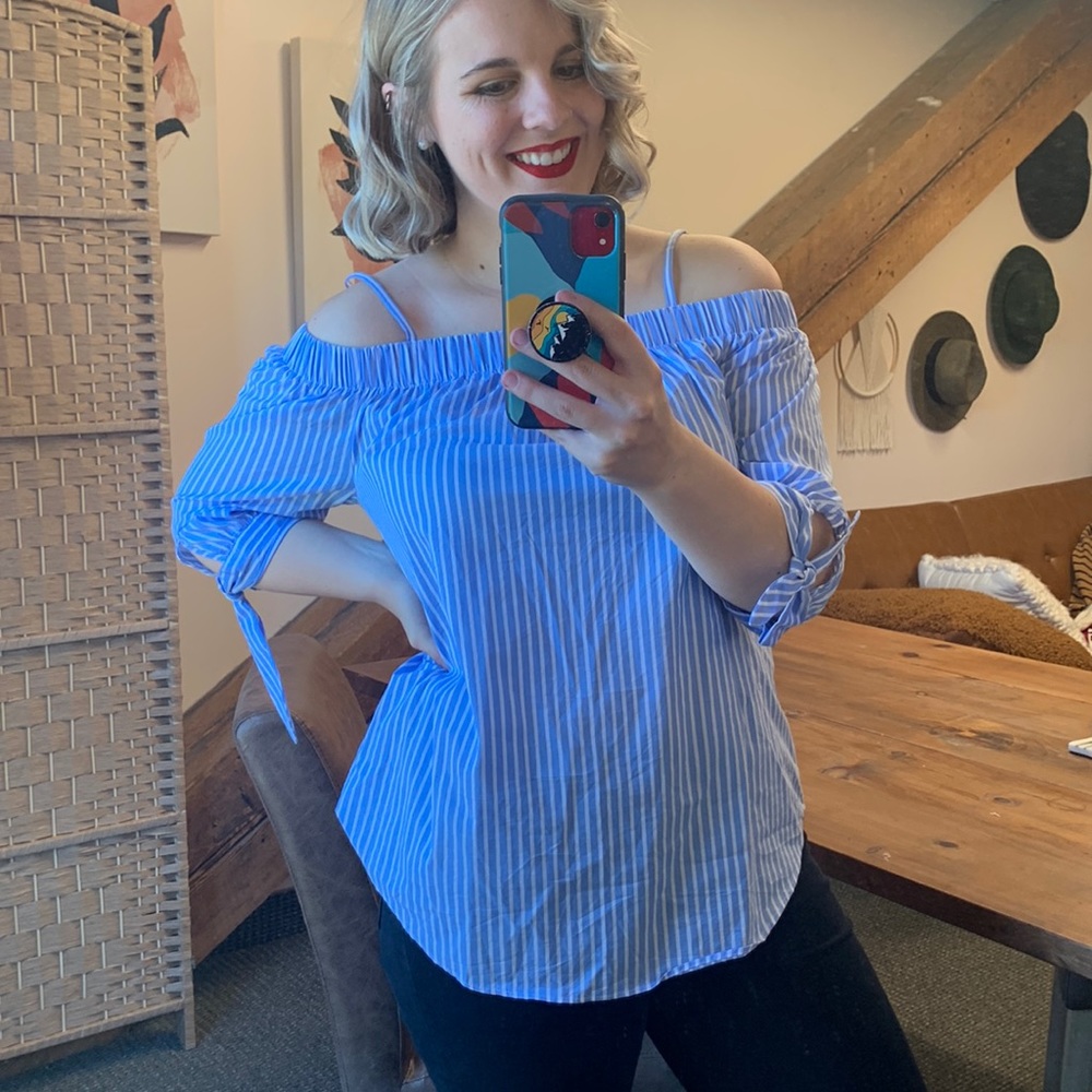 💜 Iz Byer Blue & White Off Shoulder Top